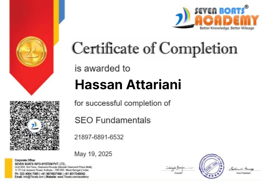 گواهینامه سئو حسن عطاریانی از آکادمی 7boats