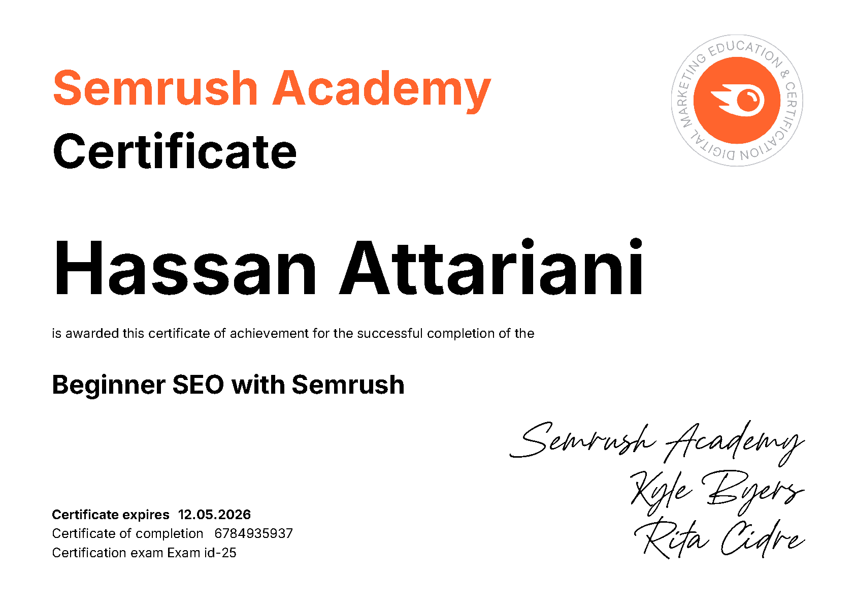 گواهینامه سئو پایه حسن عطاریانی از Semrush