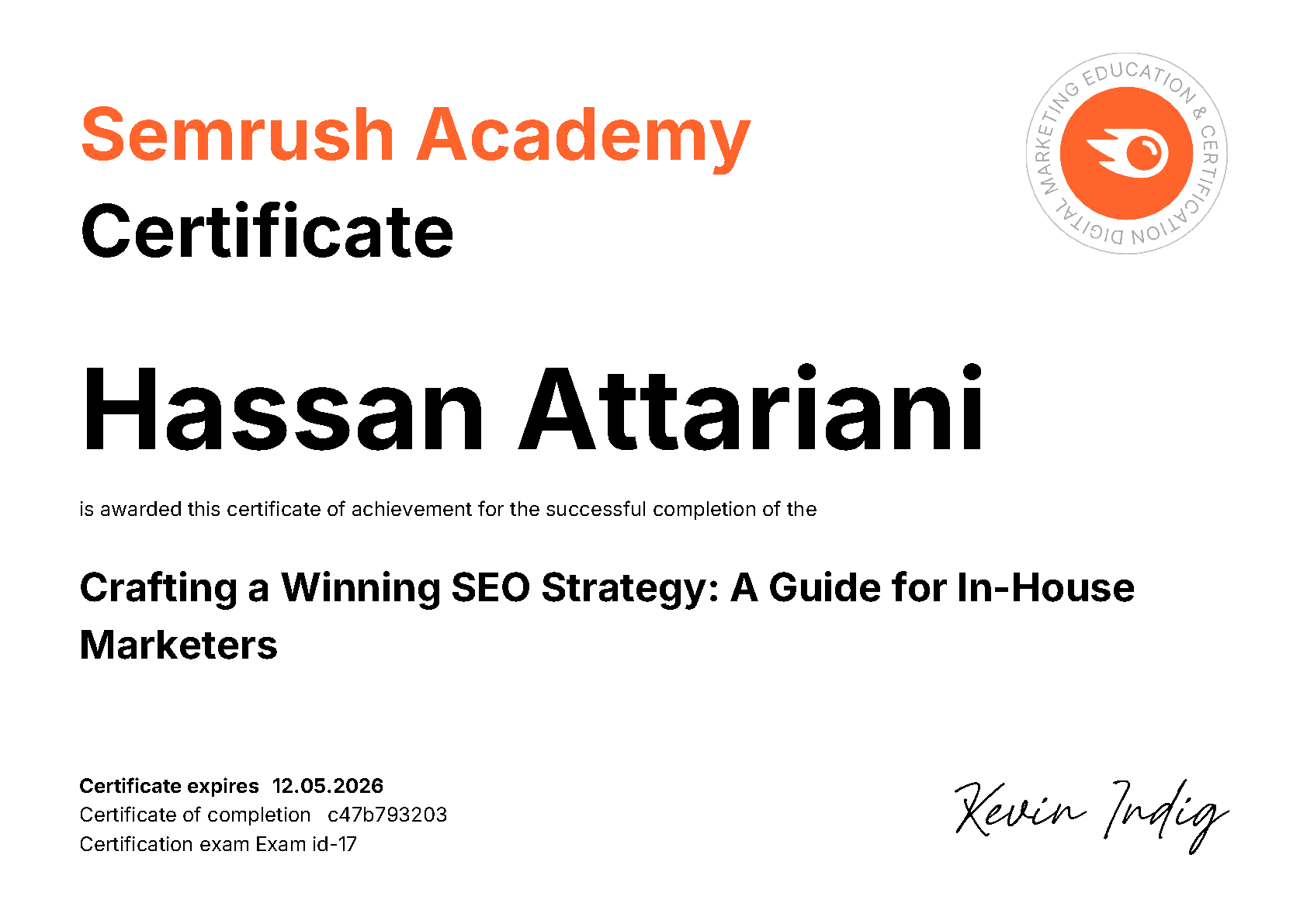 گواهی استراتژی سئو حسن عطاریانی از Semrush