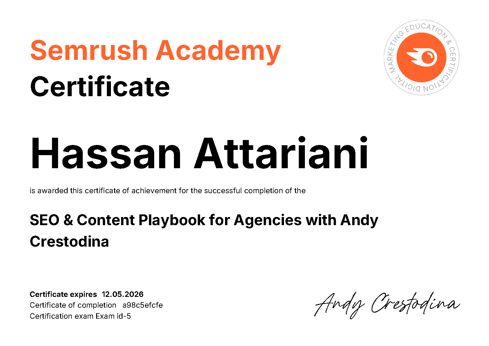 گواهینامه استراتژی سئو محتوای حسن عطاریانی از Semrush