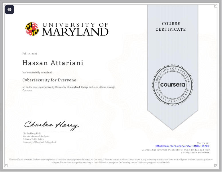 گواهینامه امنیت سایبری حسن عطاریانی