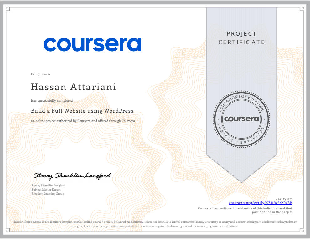 گواهینامه ساخت یک وب‌سایت کامل با وردپرس حسن عطاریانی