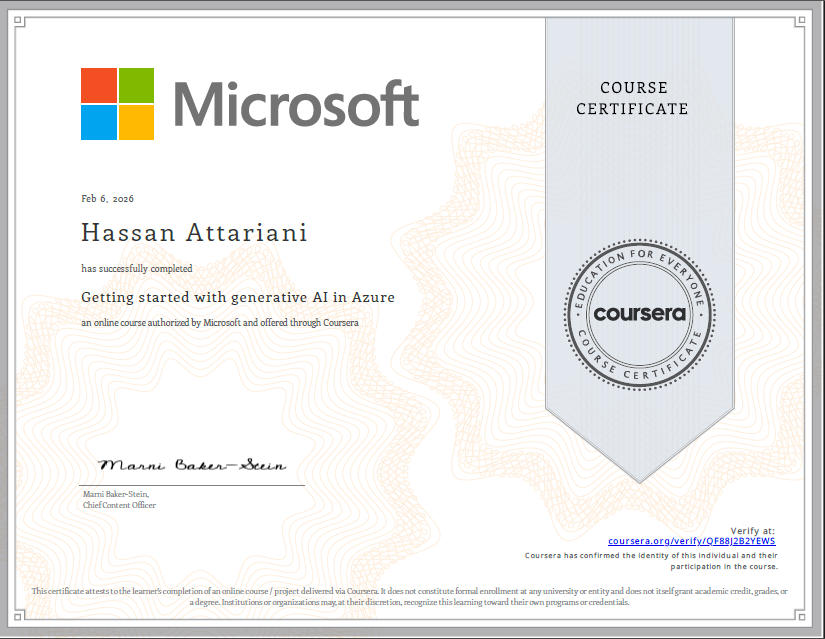 گواهینامه کار با هوش مصنوعی مولد حسن عطاریانی از مایکروسافت