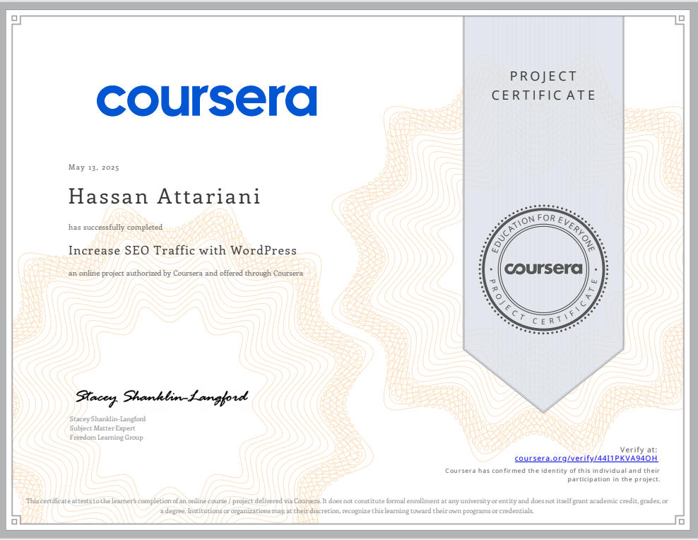 گواهینامه افزایش ترافیک سئو با وردپرس حسن عطاریانی