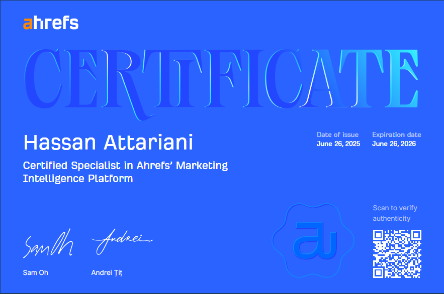 گواهینامه حسن عطاریانی متخصص خبره در پلتفرم هوش بازاریابی Ahrefs