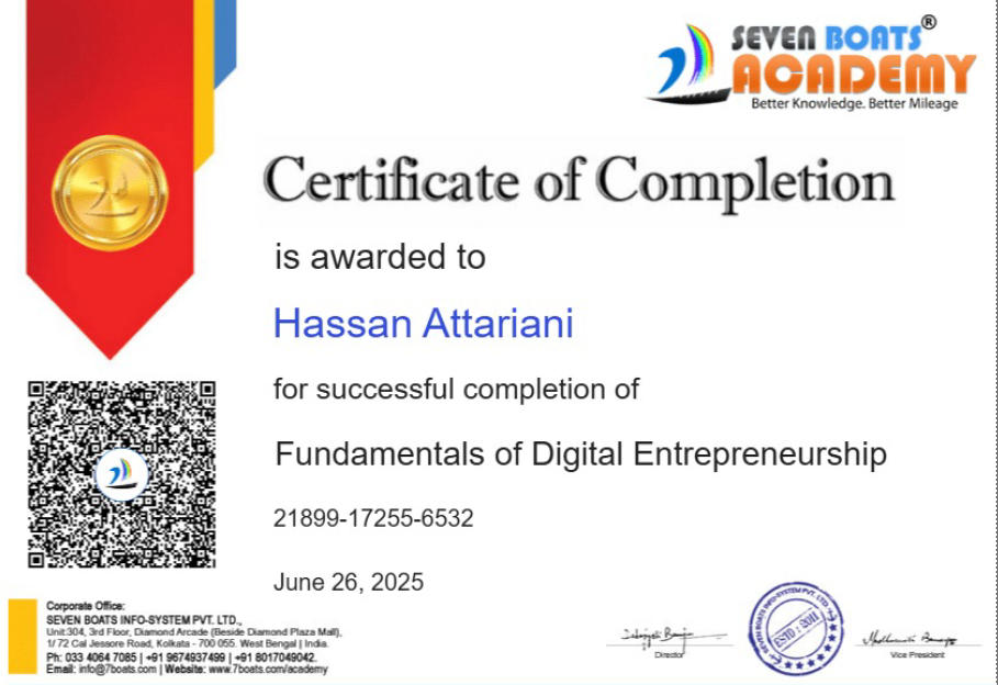 گواهینامه کارآفرینی دیجیتال حسن عطاریانی از آکادمی 7boats